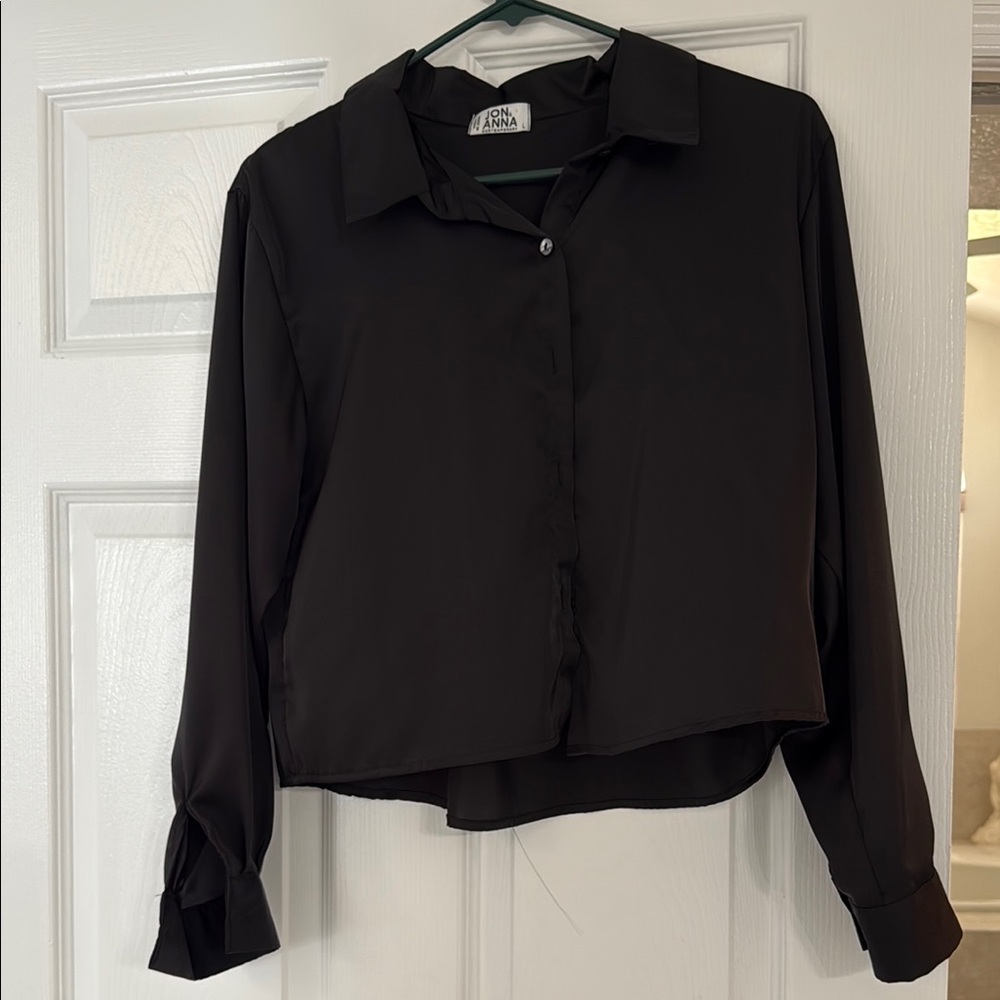 Anna Black Long Sleeve Notched Collar Button Down Shirt